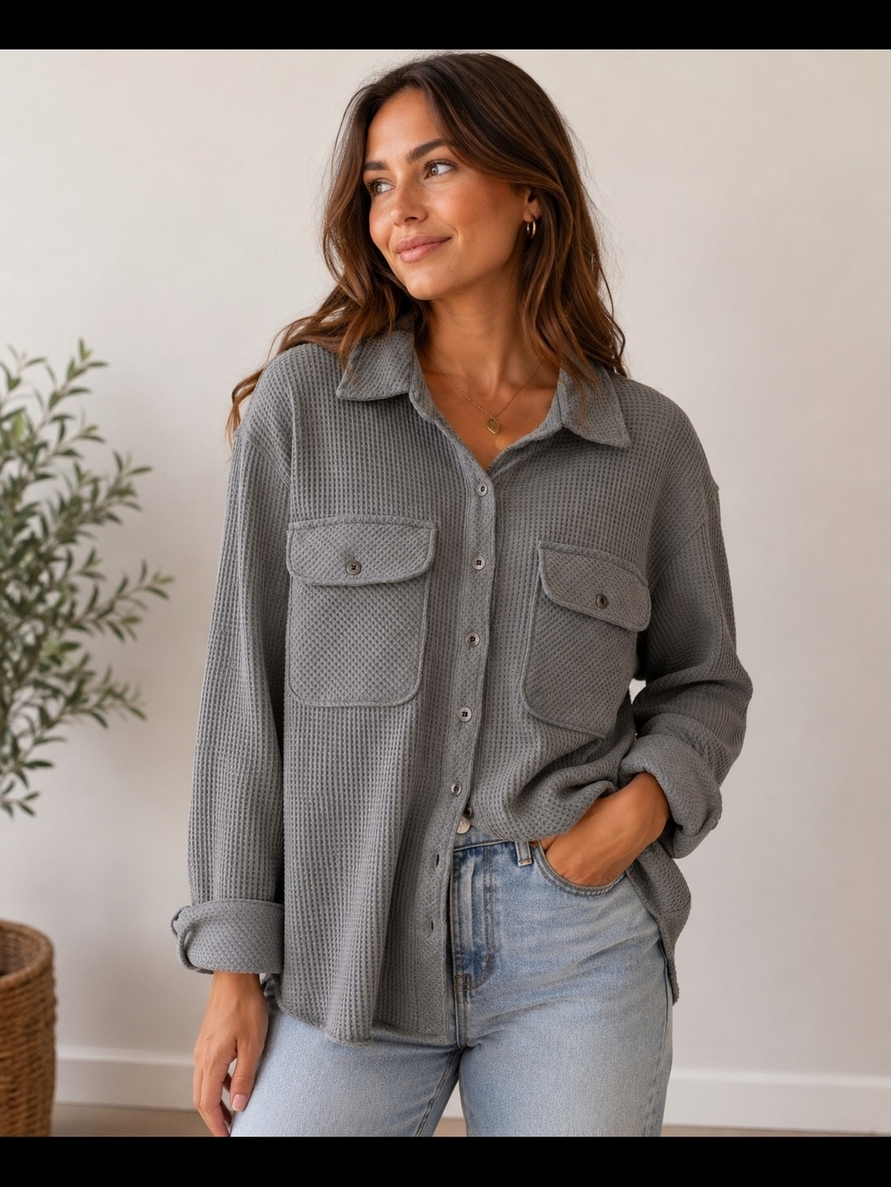 Twelve:O:Two Gray Waffle Knit Button Front Shacket Size Small